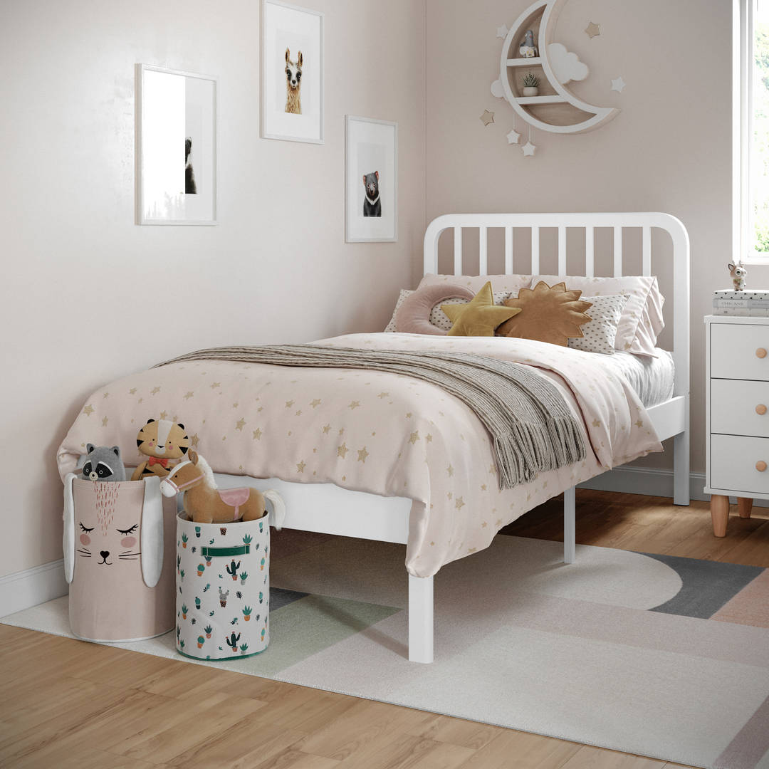 Penn Twin Platform Bed Frame with Wood Slat Headboard and Foundation with No Box Spring Required in White