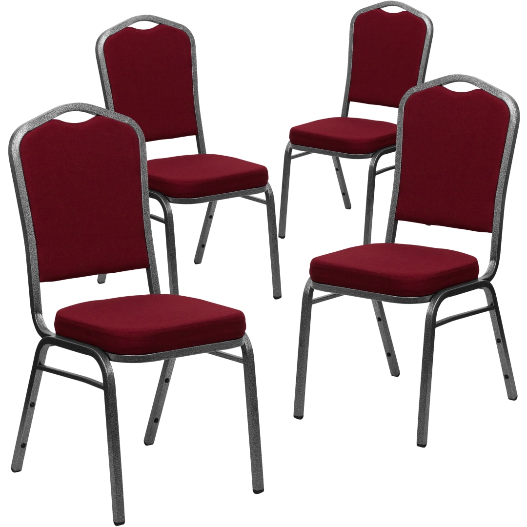 4 Pack HERCULES Series Crown Back Stacking Banquet Chair in Burgundy Fabric - Silver Vein Frame