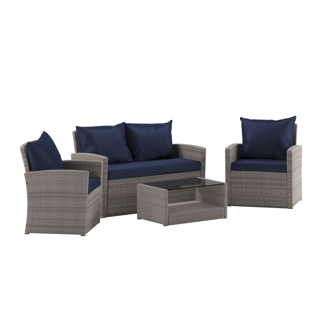 Aransas Series 4 Piece Light Gray Patio Set with Navy Back Pillows and Seat Cushions