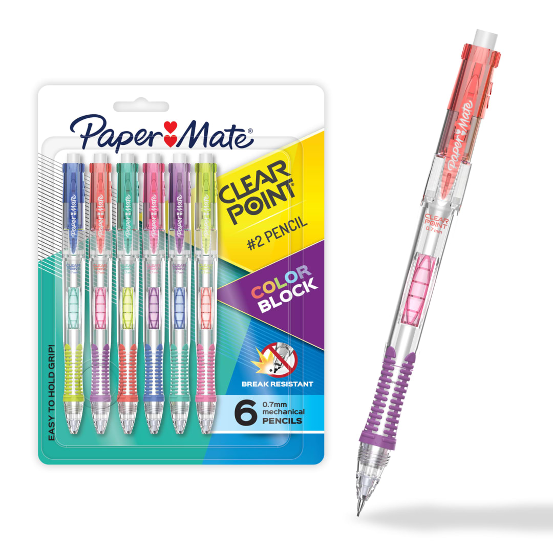 Paper Mate® Clearpoint Mechanical Pencil, Break-Resistant, Color Block Edition, HB #2 Lead (0.7mm), 6 Count