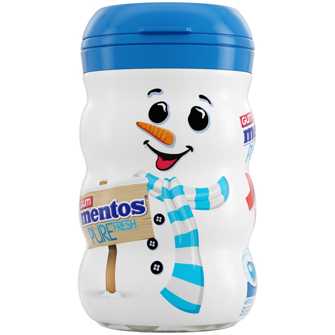 Mentos Gum Pure Fresh Sugar Free Chewing Gum Fresh Mint 50 pc Holiday Snowman Curvy Bottle