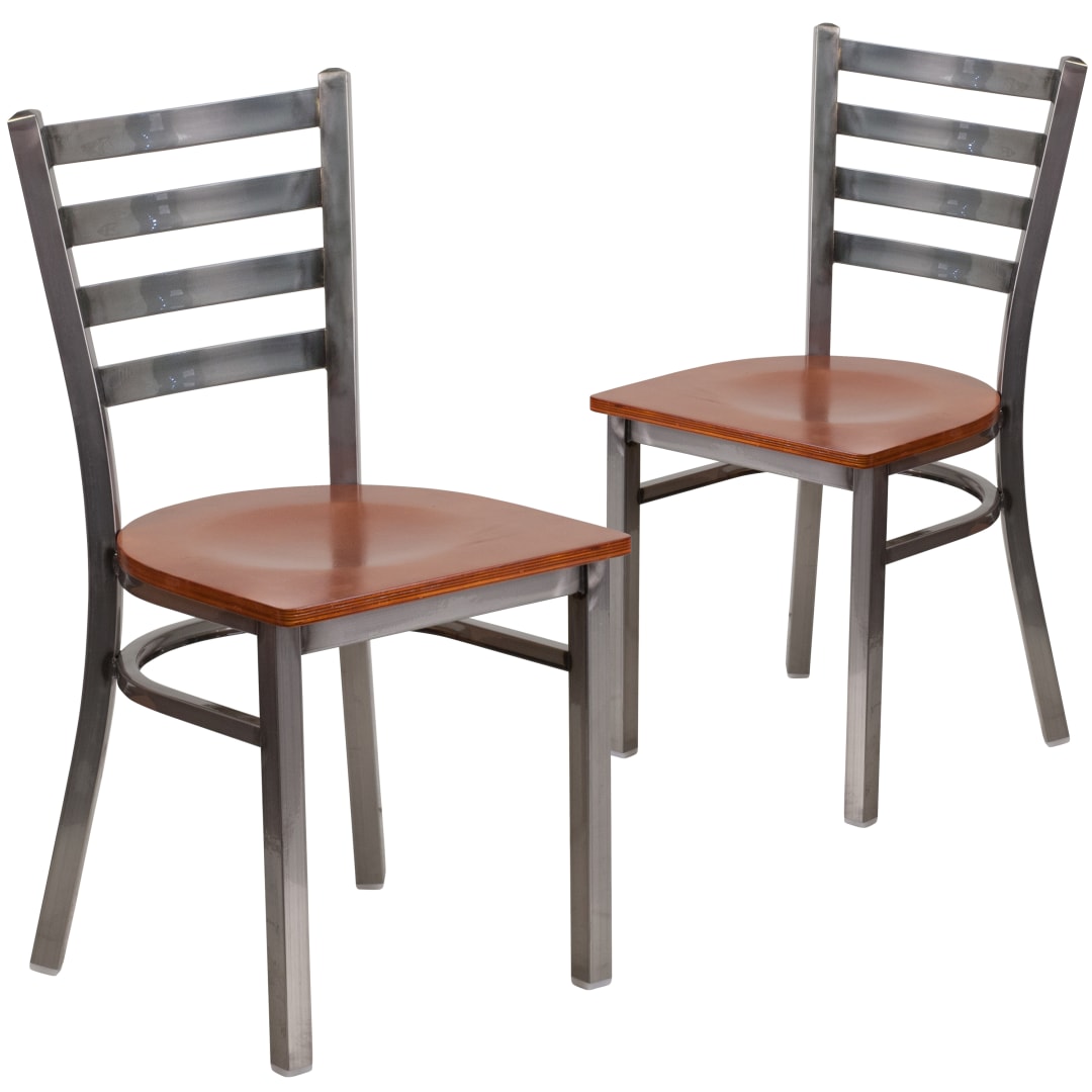 2 Pk. HERCULES Series Silver Antique Finish with Clear Coat Ladder Back Metal Restaurant Chair - Cherry Wood Seat