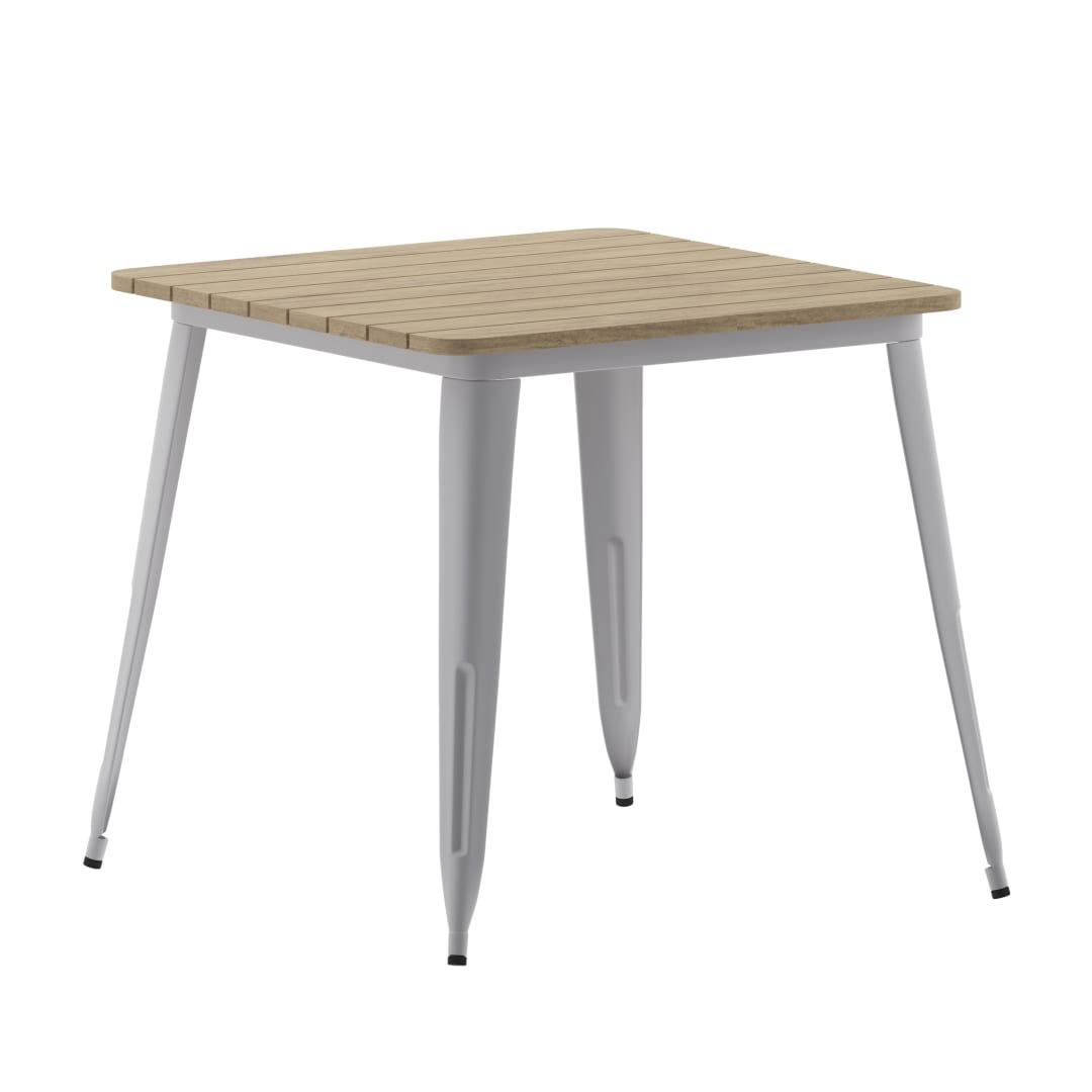 Declan Commercial Grade Indoor/Outdoor Dining Table, 31.5" Square All Weather Brown Poly Resin Top with Silver Steel Base