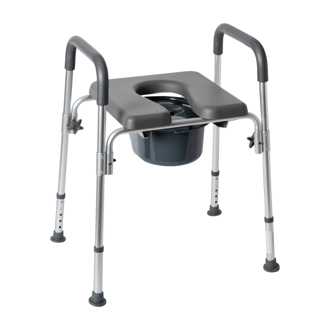 Hercules Gray Shower Commode Chair with Safety Rail, Height Adjustable Frame, Padded Seat &amp; Armrests, Commode Pail with Lid, Fits Most Toilets
