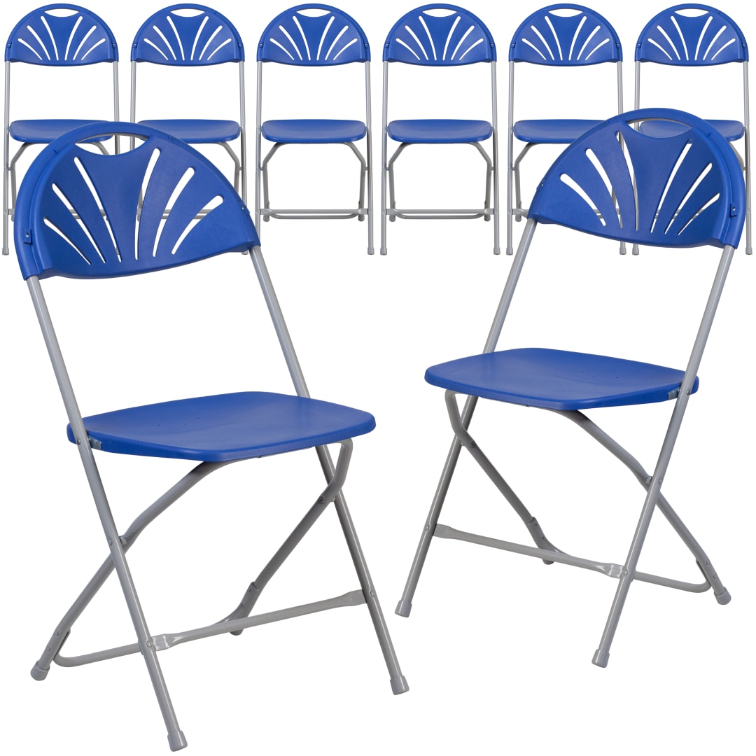 8 Pack HERCULES Series 650 lb. Capacity Blue Plastic Fan Back Folding Chair