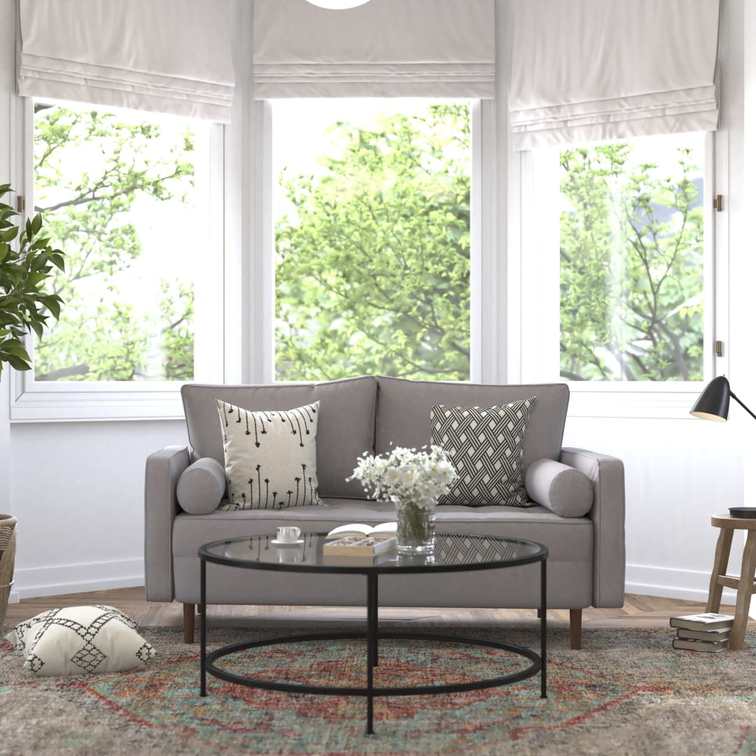 Hudson Mid-Century Modern Loveseat Sofa with Tufted Faux Linen Upholstery &amp; Solid Wood Legs in Slate Gray