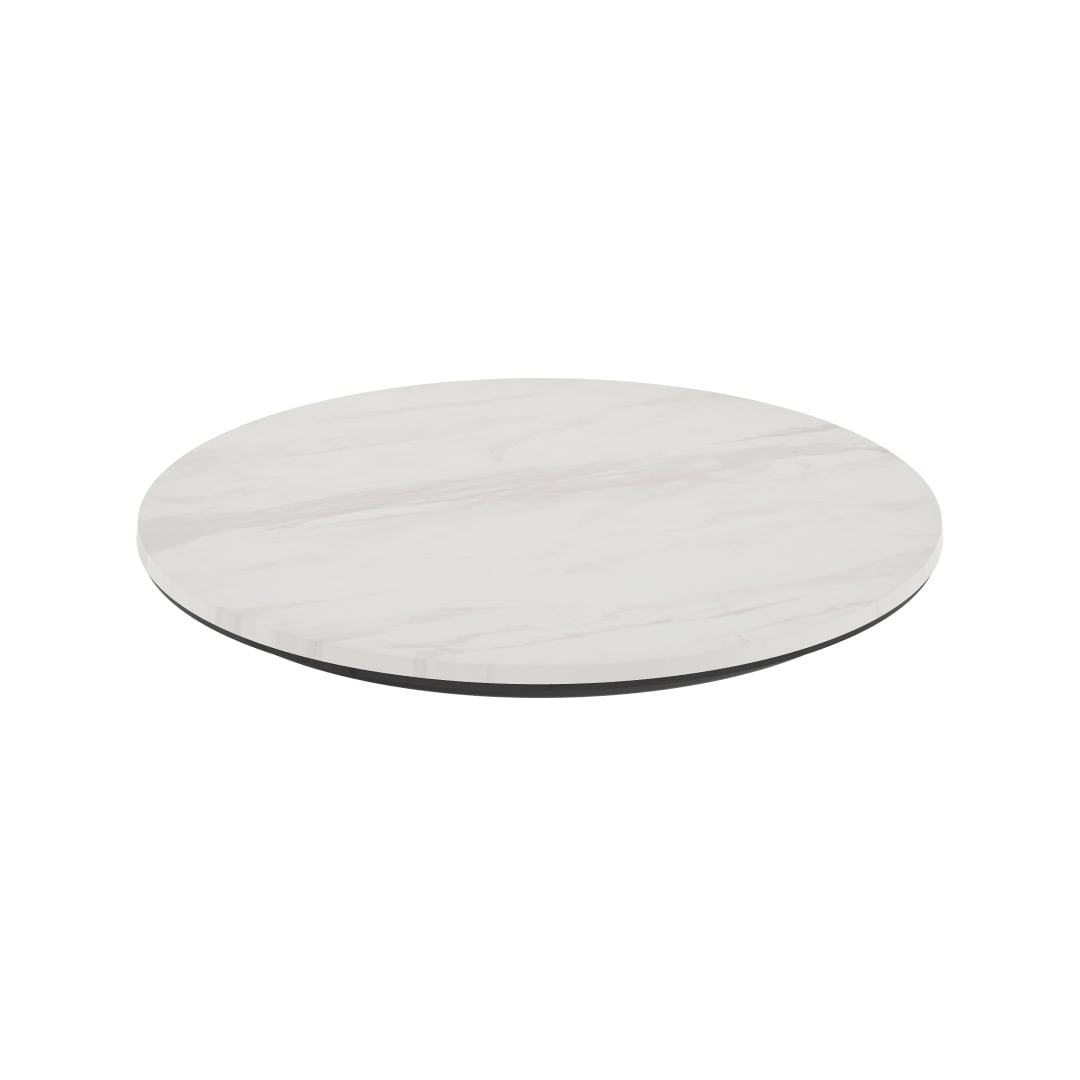 Acadia 24" Round White Faux Marble Indoor Outdoor TopGuard HPL Wrapped Tabletop, Seamless Edge, Scratch & Stain Resistant, Commercial Grade