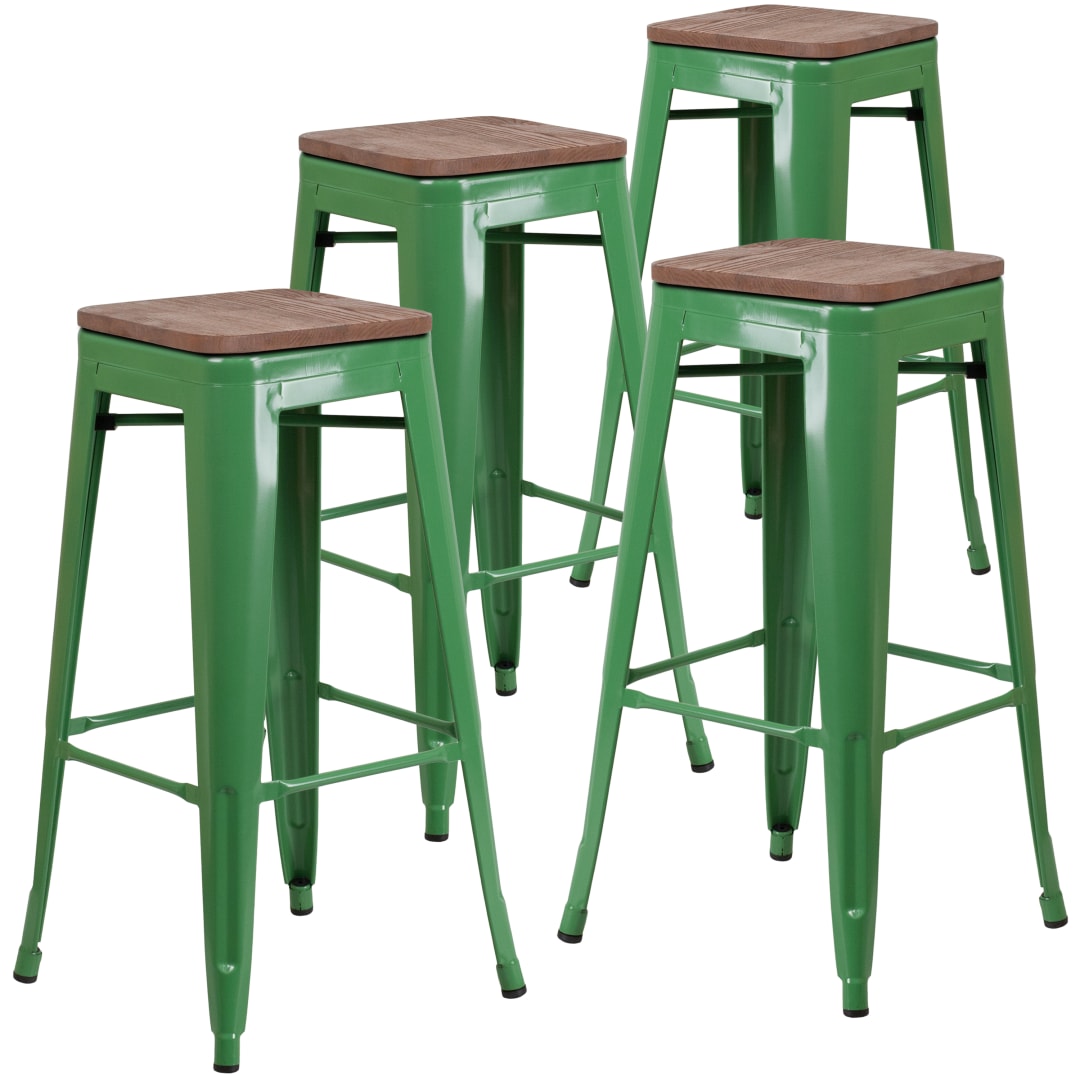 Lily 4 Pk. 30" High Backless Green Metal Barstool with Square Wood Seat