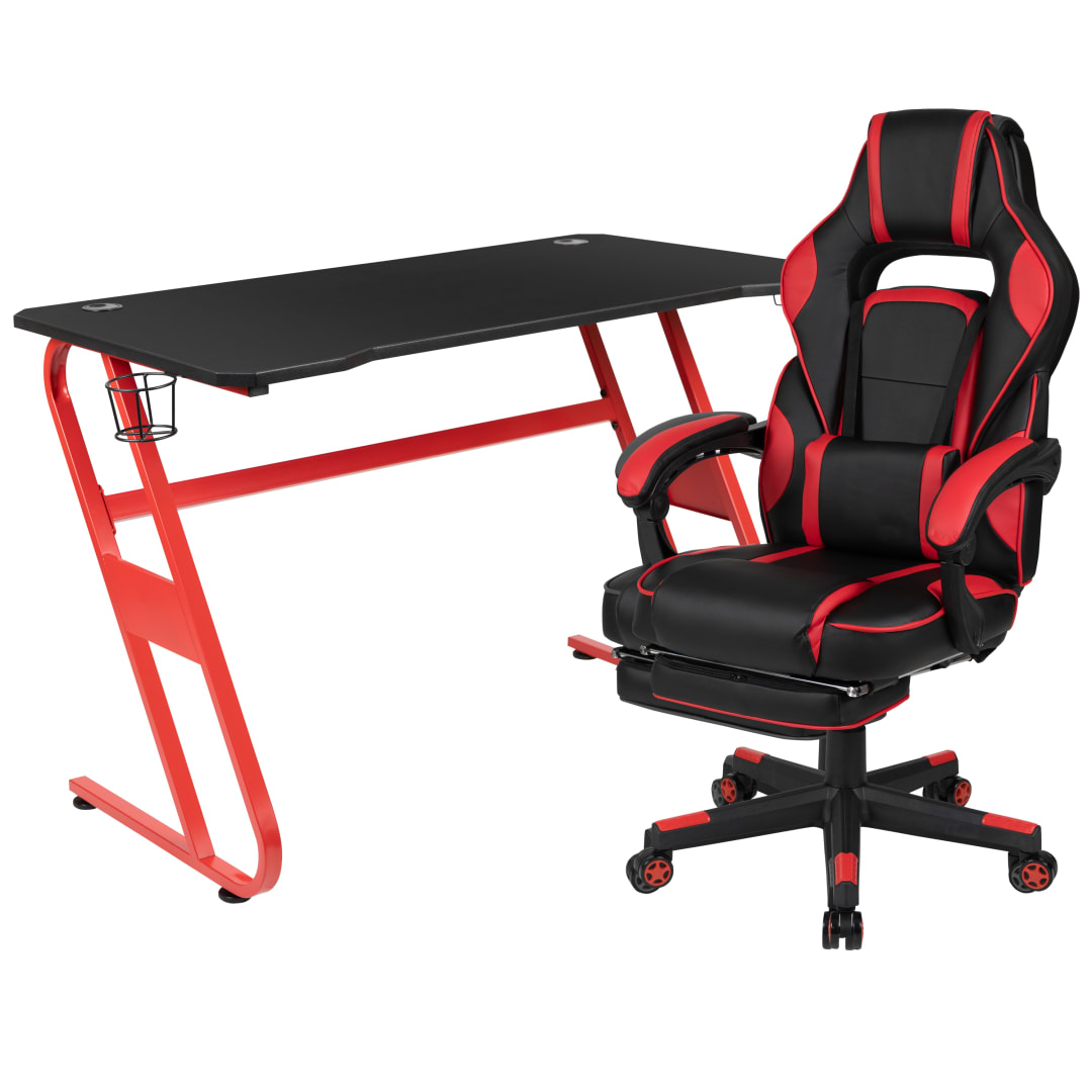 Optis Red Gaming Desk with Cup Holder/Headphone Hook &amp; Red Reclining Back/Arms Gaming Chair with Footrest