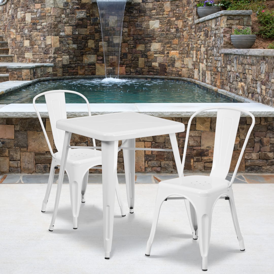 Owen Commercial Grade 23.75" Square White Metal Indoor-Outdoor Table Set with 2 Stack Chairs