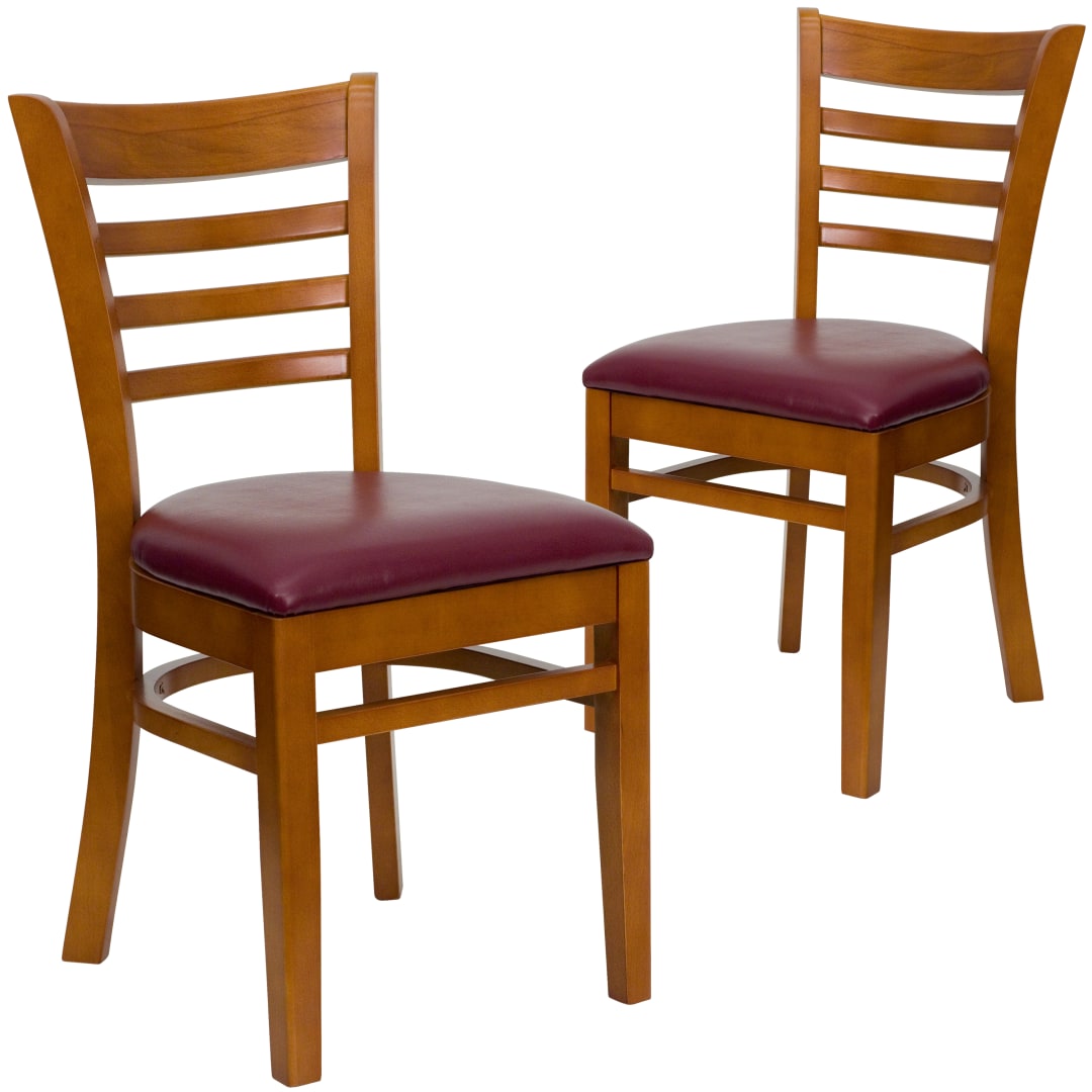 2 Pack HERCULES Series Ladder Back Cherry Wood Restaurant Chair - Burgundy Vinyl Seat