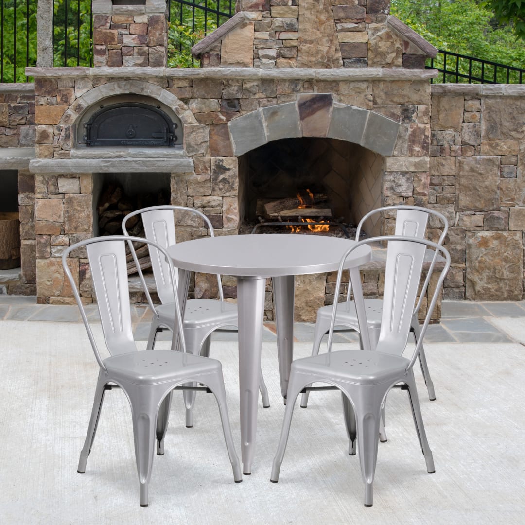 Dalton Commercial Grade 30" Round Silver Metal Indoor-Outdoor Table Set with 4 Cafe Chairs