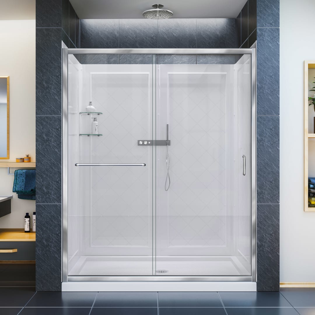 DreamLine Infinity-Z 36 inch D x 60 inch W x 76 3/4 inch H Semi-Frameless Sliding Shower Door in Chrome and Clear Glass, Center Drain Shower Base, and Wall Kit in White