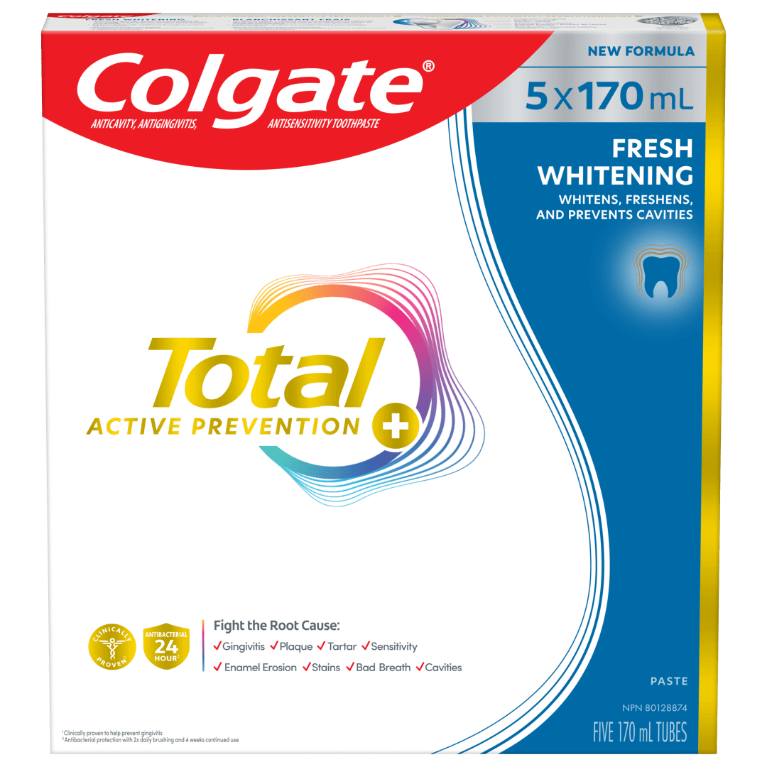 Dentifrice Colgate Total Prévention active plus Blanchissant frais, saveur de menthe, 170 mL, paquet de 5