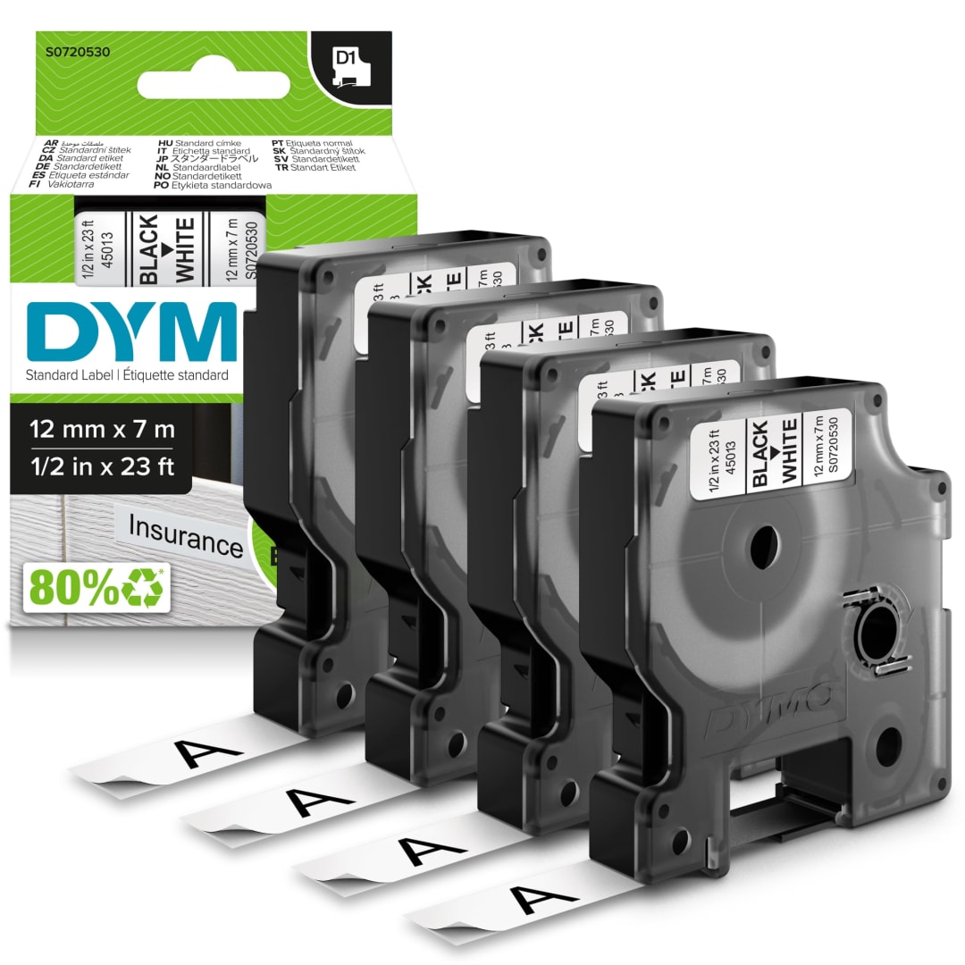 DYMO® D1 Labels for LabelManager Label Makers, Black Print on White, 1/2-Inch x 23-Foot Rolls, Self-Adhesive, 4 Count