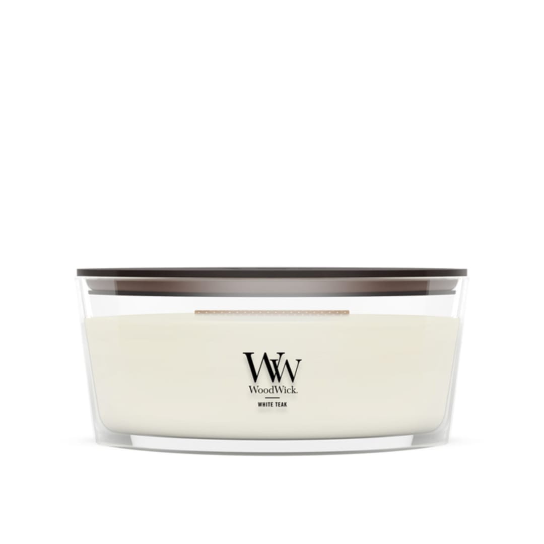 WoodWick® White Teak Scented Ellipse Candle, Crackles as it Burns, Great for Gifting, Up to 50 hrs Burn Time, 16oz