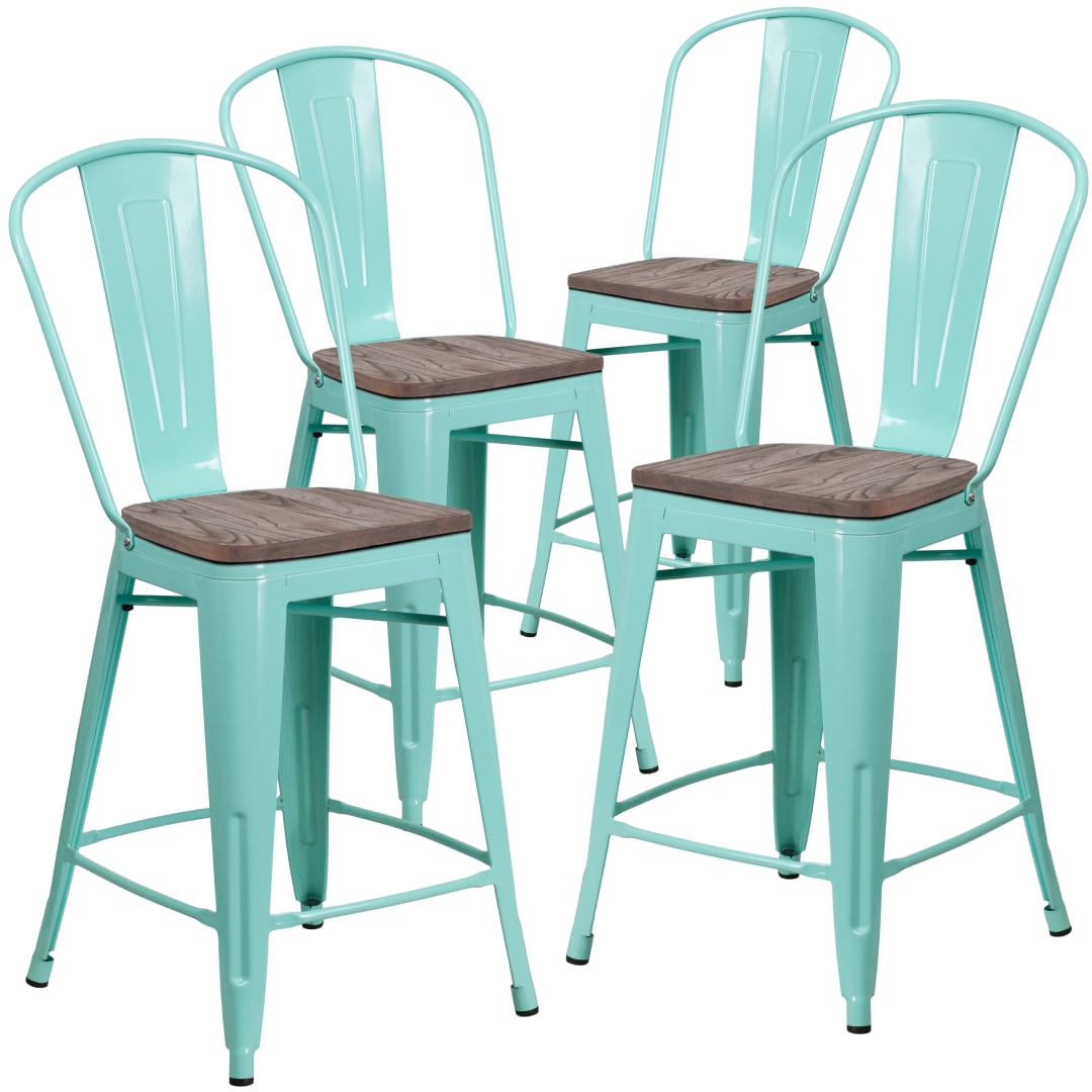 Blake 4 Pk. 24" High Mint Green Metal Counter Height Stool with Back and Wood Seat
