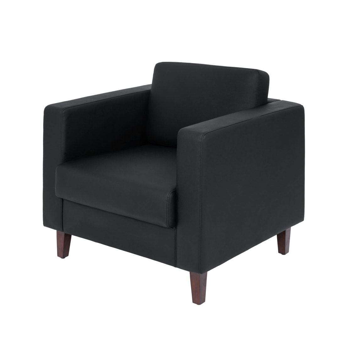 HERCULES Artemis Black LeatherSoft Reception Chair with 2 AC Outlets/1 USB/1 USB-C Ports and Solid Wood Walnut Legs with Adjustable Floor Glides