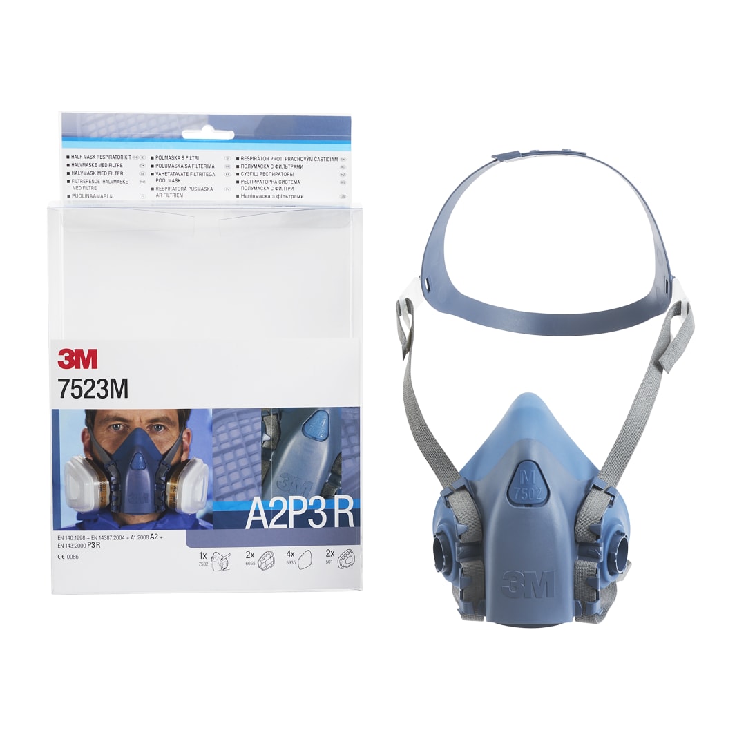 3M™ Yeniden Kullanılabilir Yarım Yüz Solunum Maskesi Kiti, A2P3 R Filtre, Orta Boy Maske, 7523M