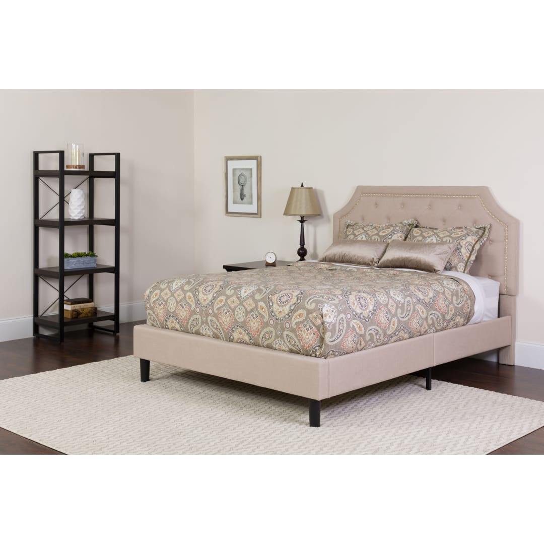 Brighton Twin Size Tufted Upholstered Platform Bed in Beige Fabric with Pocket Spring Mattress