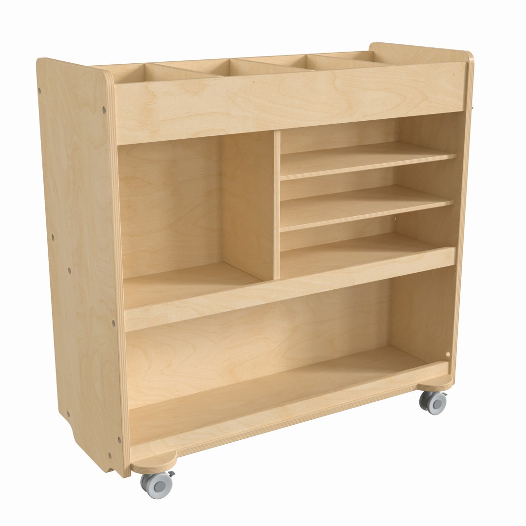 Bright Beginnings Commercial Grade Wooden Mobile Storage Cart with 4 Top Storage Compartments, 5 Cubbies and Locking Caster Wheels