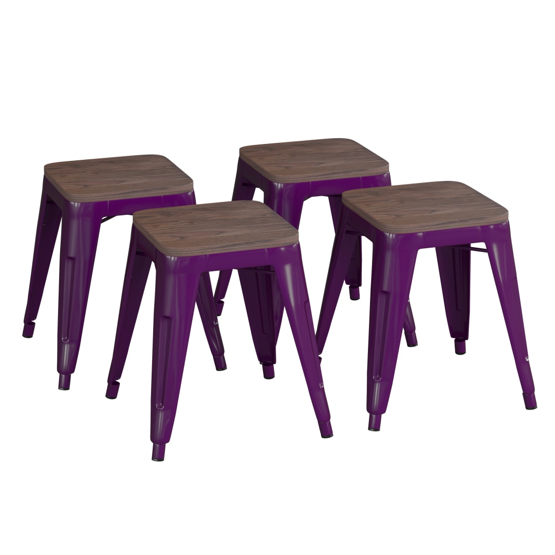Kai 18" Backless Table Height Stool with Wooden Seat, Stackable Purple Metal Indoor Dining Stool, Commercial Grade - Set of 4