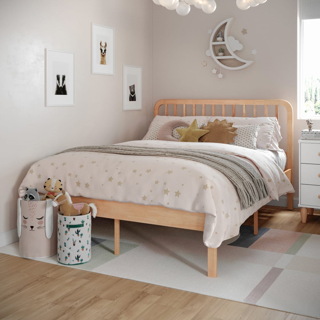 Full Platform Bed Frame with Wood Slat Headboard and Foundation in Natural