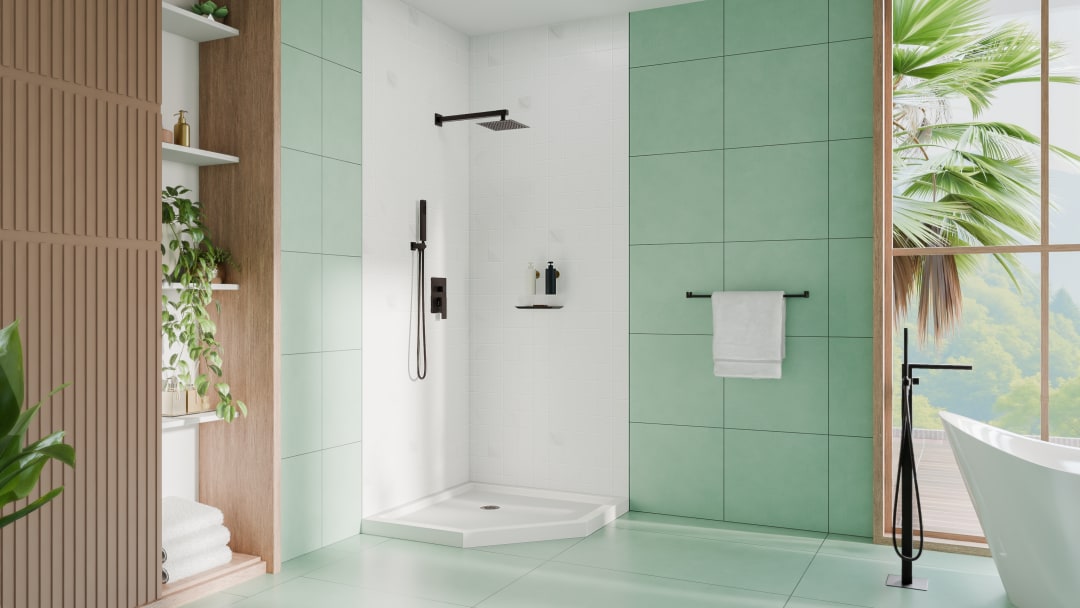 DreamLine SlimLine 36 inch D x 36 inch W x 2 3/4 inch H White Neo-Angle Shower Base with 2 inch Oil Rubbed Bronze Corner Round Drain