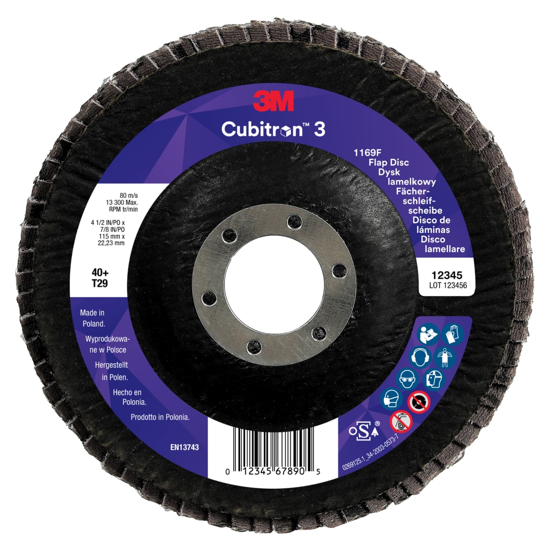 3M™ Cubitron™ 3 Flap Disc 1169F, 40+, T29-Conical, 115 mm x 22.23 mm, 10/Pack, 100 ea/Case