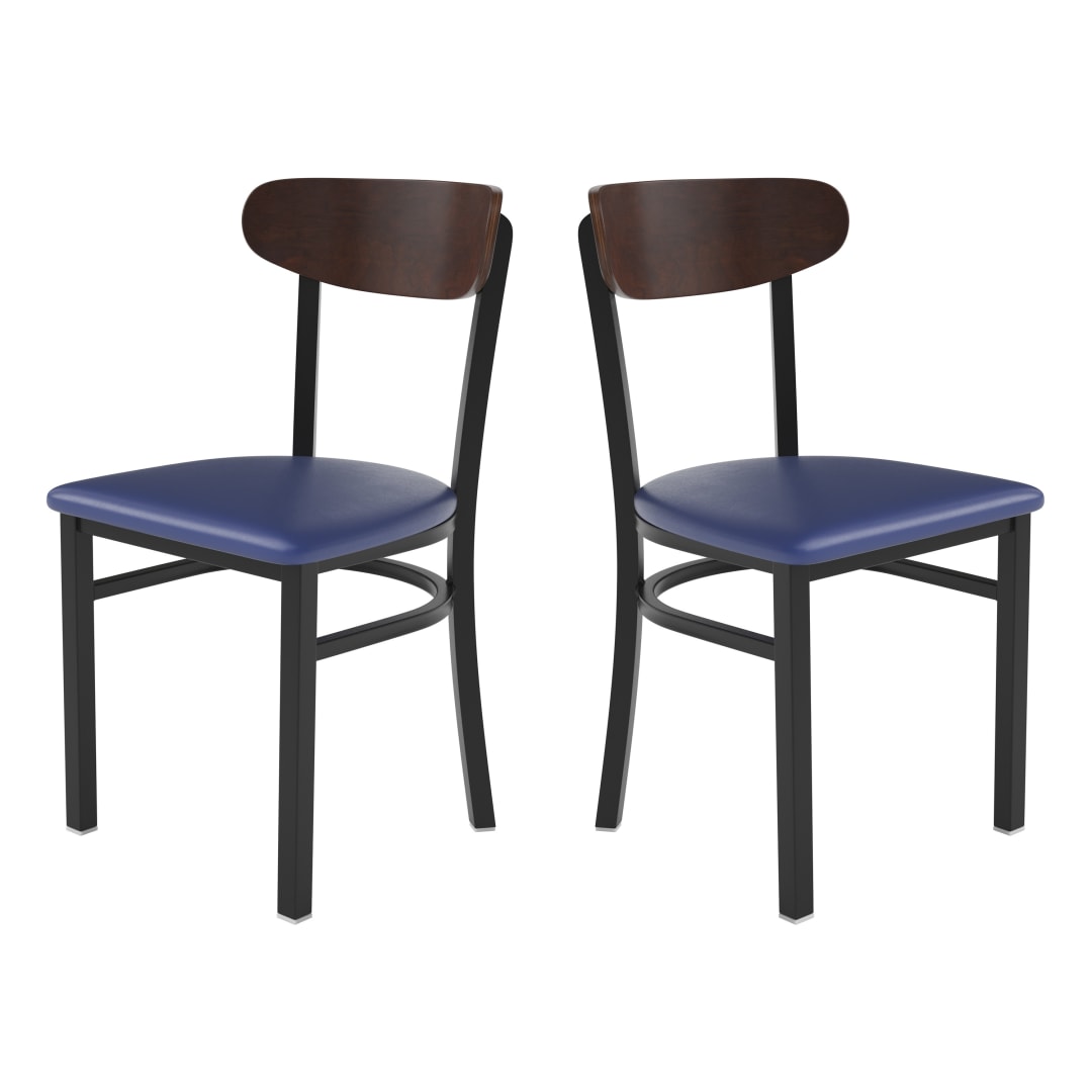 Wright Set of 2 Commercial Dining Chairs with 500 LB. Capacity Black Steel Frame, Walnut Finish Wooden Boomerang Back, and Blue Vinyl Seat