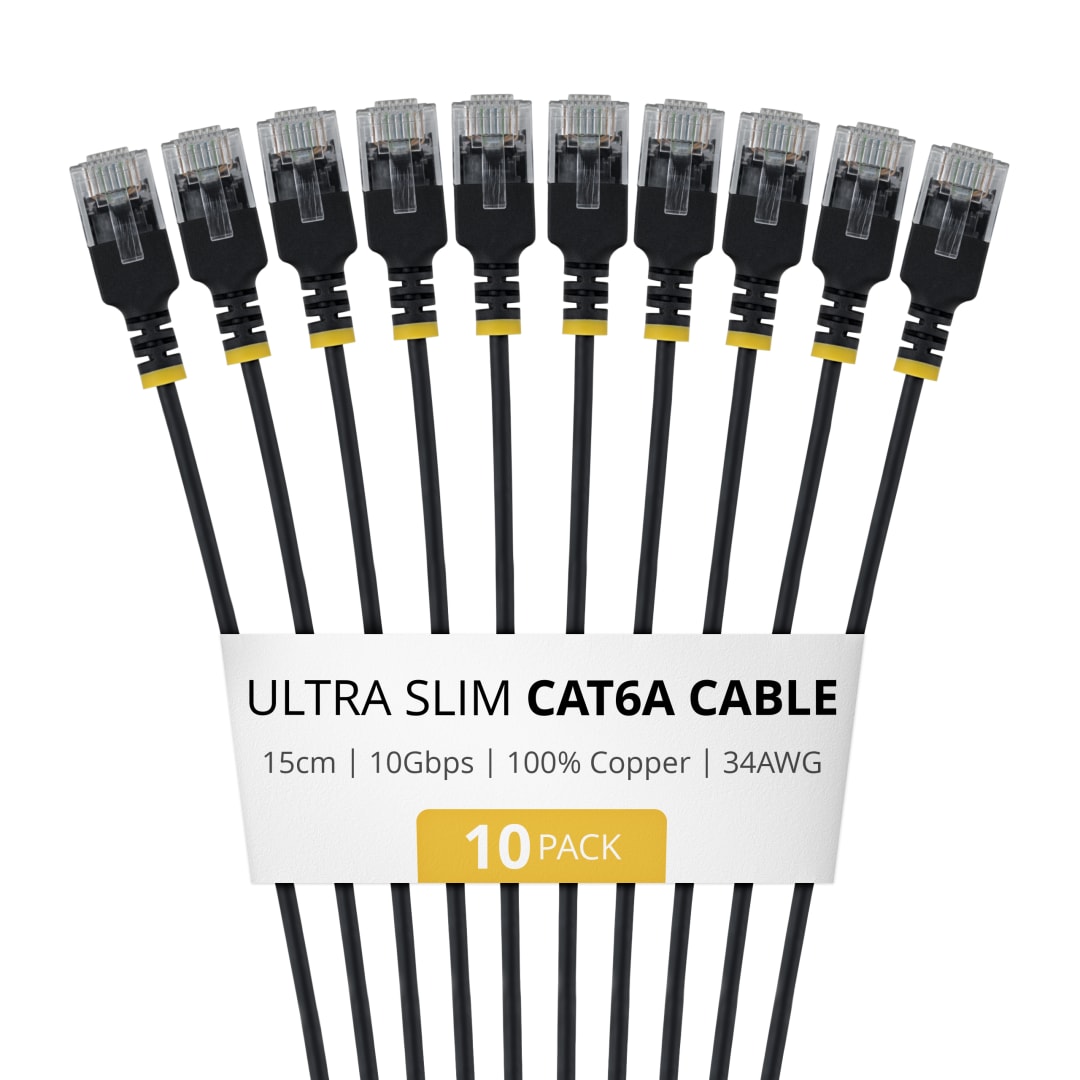 Cat6A UTP 34AWG Ultra Slim Patch Cable, Black 15cm - 10 Pk