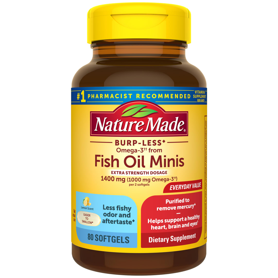 Nature Made Extra Strength Burp Less Omega 3 Fish Oil 1400 mg Minis, Fish Oil Supplements as Ethyl Esters for Healthy Heart, Brain and Eyes Support, Omega 3 Supplement, 80 Count