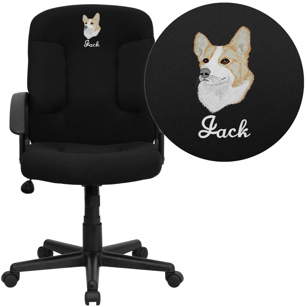 Garver Embroidered Mid-Back Black Fabric Executive Swivel Office Chair with Nylon Arms