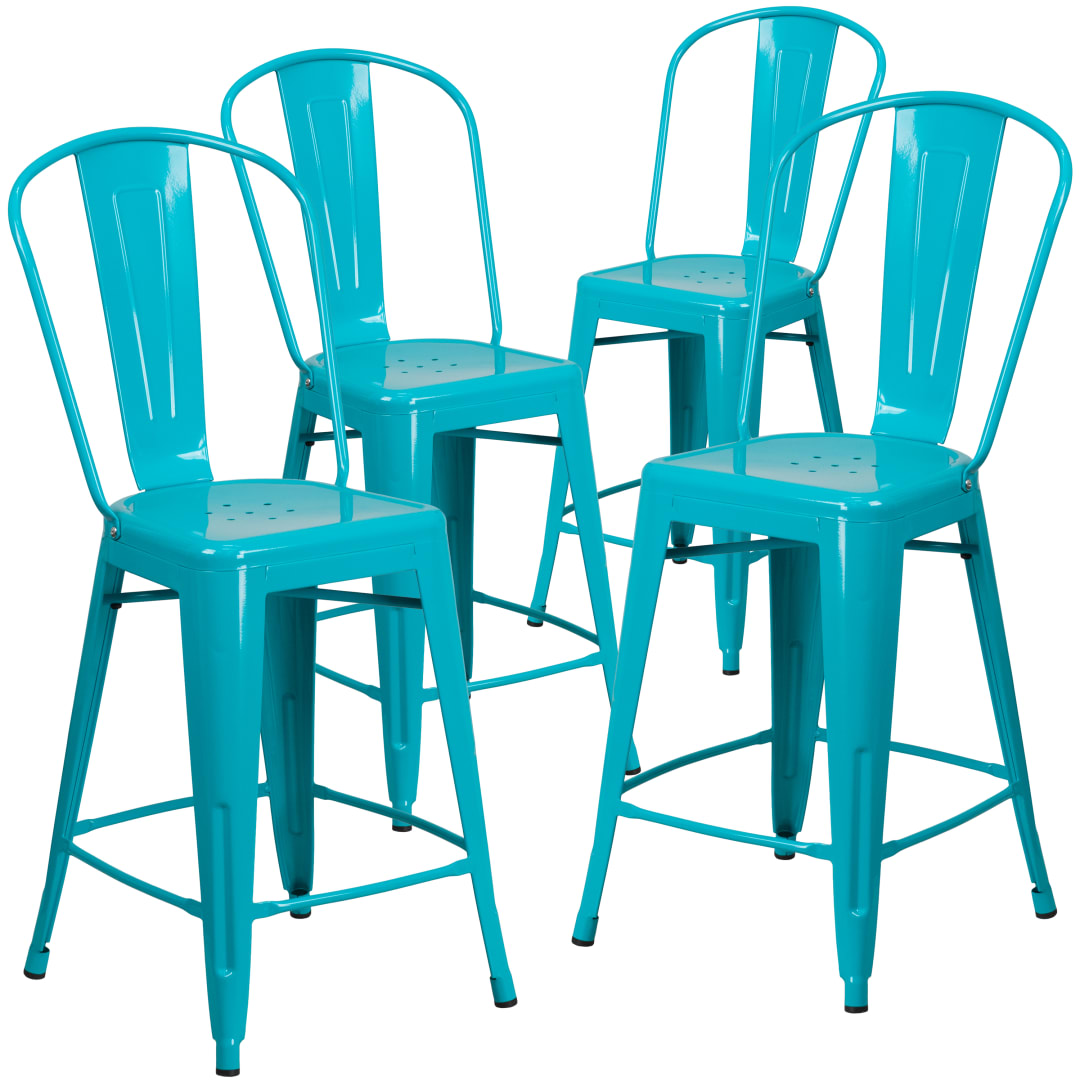 Blake Commercial Grade 4 Pack 24" High Crystal Teal-Blue Metal Indoor-Outdoor Counter Height Stool with Back