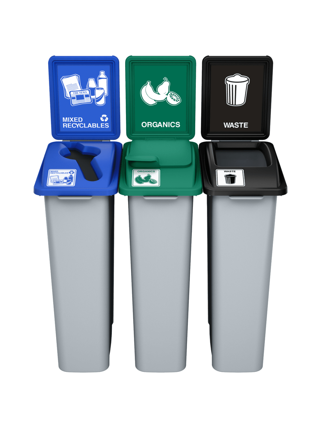 WASTE WATCHER - Triple - Kit - Mixed Recyclables-Organics-Waste - Mixed-Solid Lift-Full - Grey-Blue-Green-Black