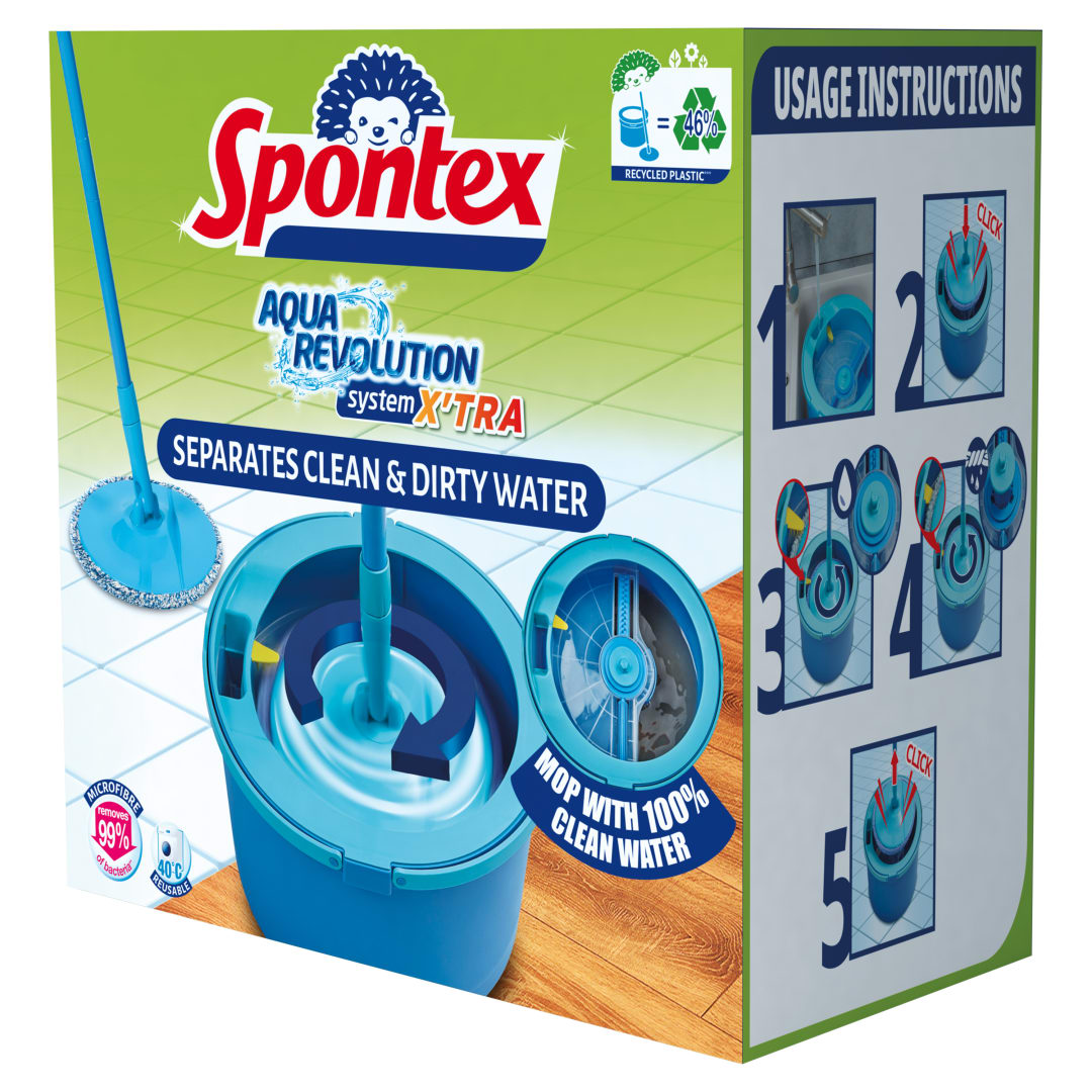 Spontex Aqua Revolution System X'tra Set de fregona y cubo | Separa el agua limpia del agua sucia | Limpia suelos laminados, de madera y baldosas | Fregona plana con recambios de microfibra