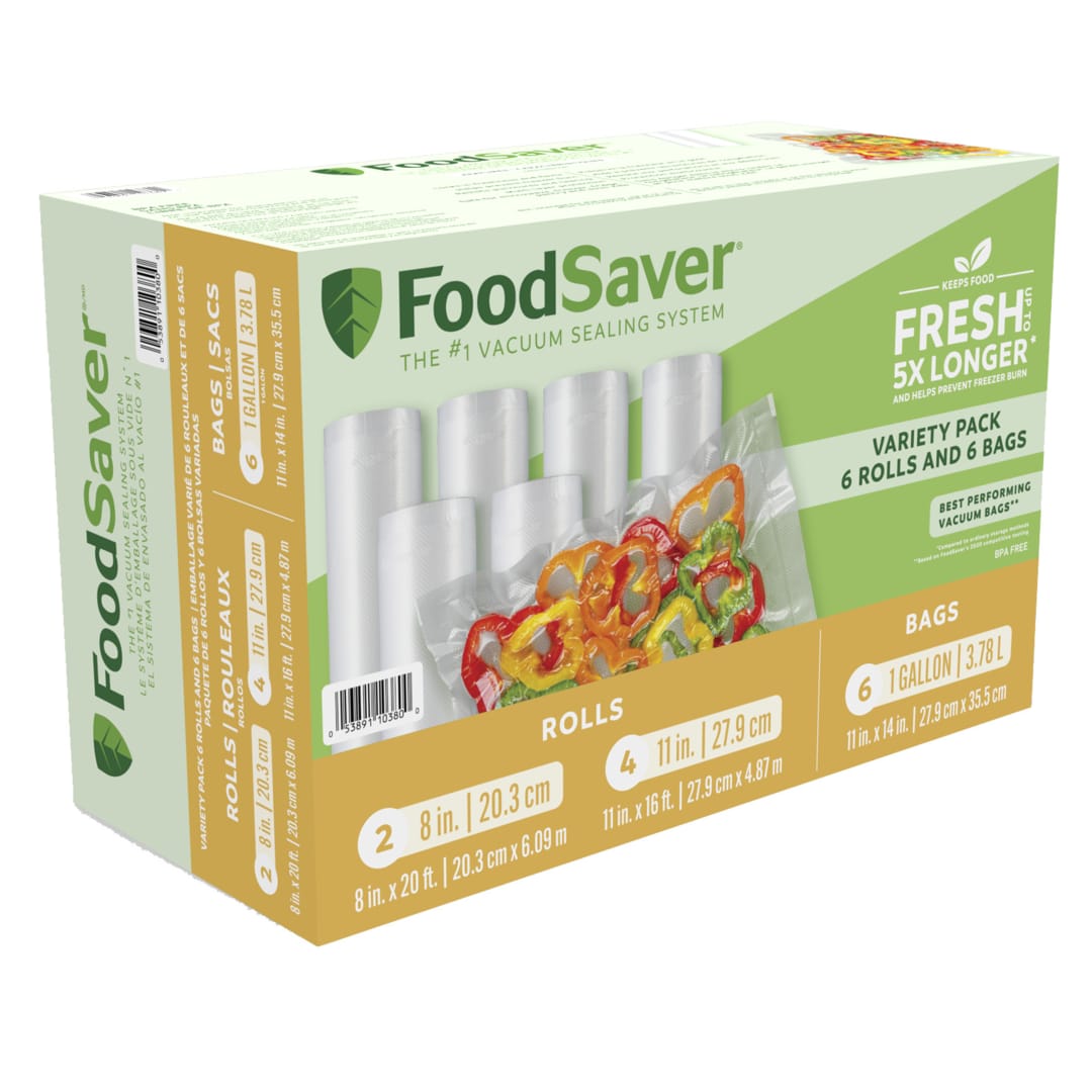 FoodSaver® Vacuum Seal Variety Pack, Rolls and Bags for Airtight Food Storage and Sous Vide, 4 Rolls (11" x 16'), 2 Rolls (8" x 20') and 6 Bags (11" x 14")