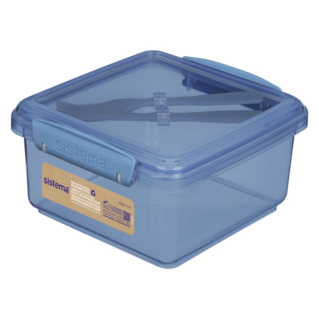 Sistema Ocean Bound Plastic Lunch Box Plus Cutlery | 1.2 L Food Storage Container with Fork & Knife | BPA-Free, Made Using Recycled Plastic | Teal OR Blue (Colour Not Selectable)