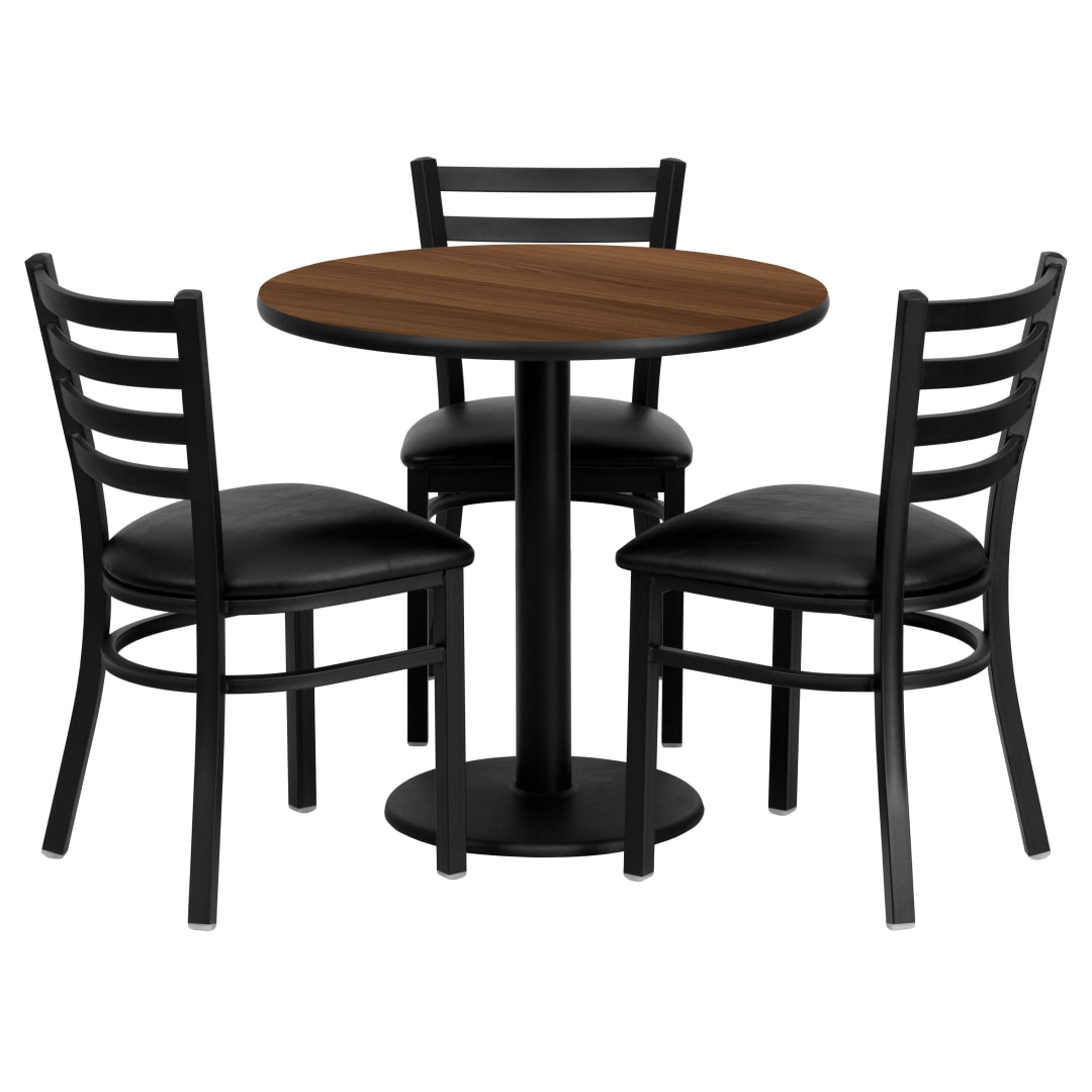 Clark 30'' Round Walnut Laminate Table Set with 3 Ladder Back Metal Chairs - Black Vinyl Seat