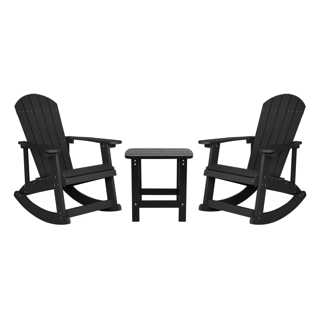 Set of 2 Savannah Commercial Grade All-Weather Poly Resin Wood Adirondack Rocking Chairs with Side Table in Black
