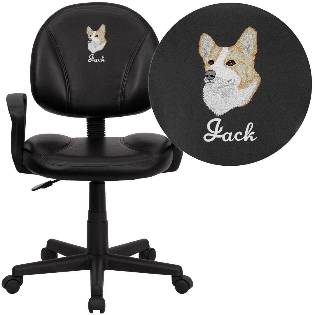Ronald Embroidered Mid-Back Black LeatherSoft Swivel Ergonomic Task Office Chair with Back Depth Adjustment and Arms