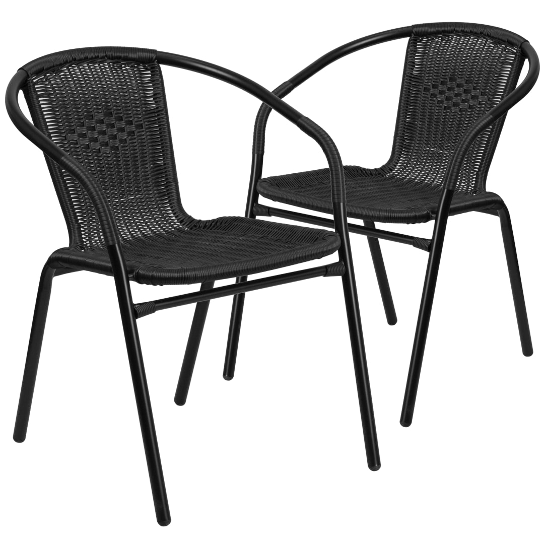 Lila Set of 2 Commercial Grade Black Rattan Indoor-Outdoor Restaurant Stack Chairs