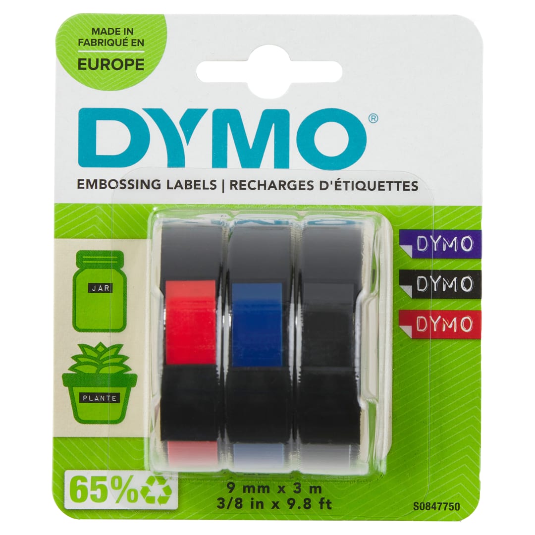 DYMO® Authentic Embossing Labels | 9mm x 3m | Black, Blue & Red Self-Adhesive Labelling Tape | for Embossing Label Makers | 3 Count | Made in Europe