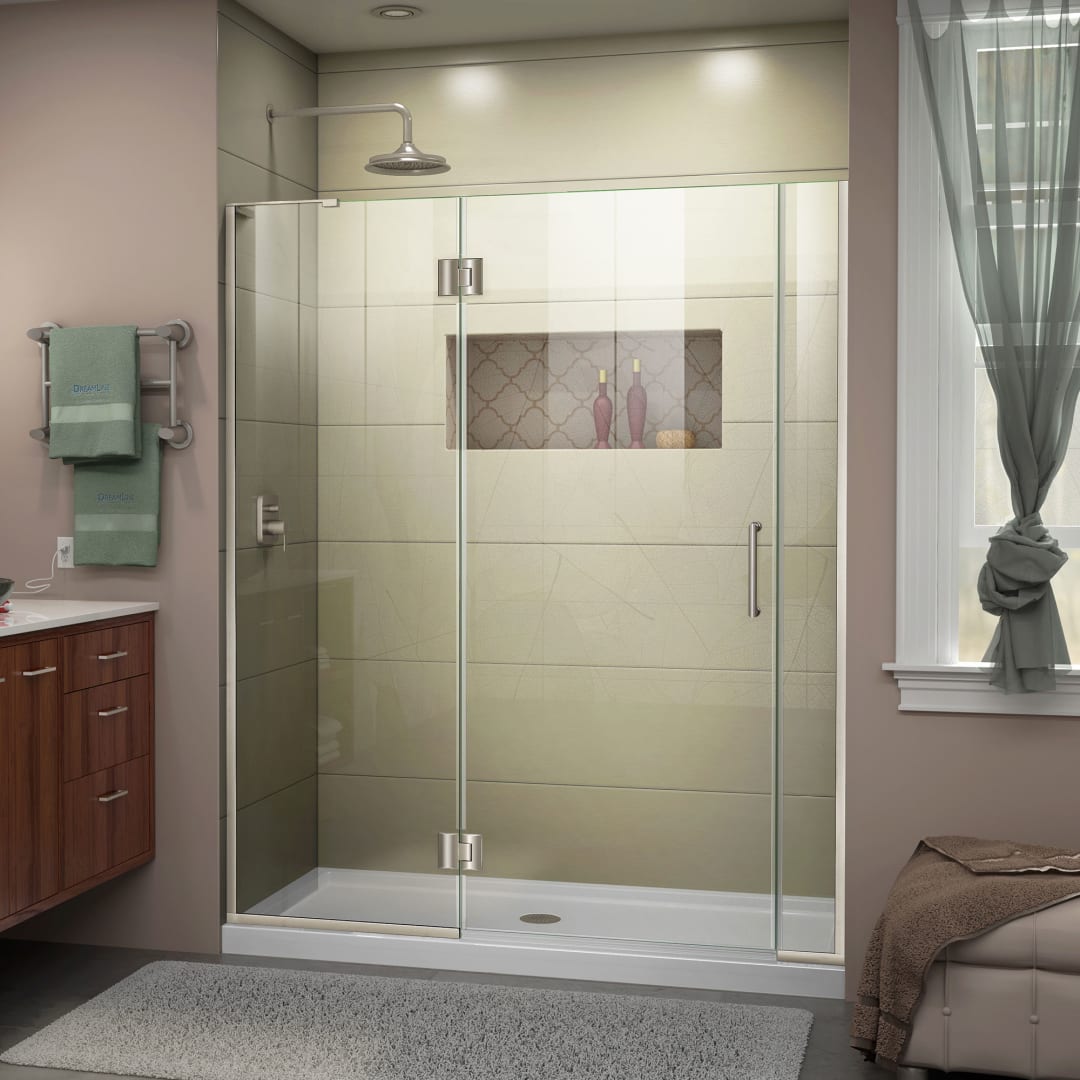 DreamLine Unidoor-X 59 - 59 1/2 inch W x 72 inch H Frameless Hinged Shower Door in Brushed Nickel - Left Wall Installation