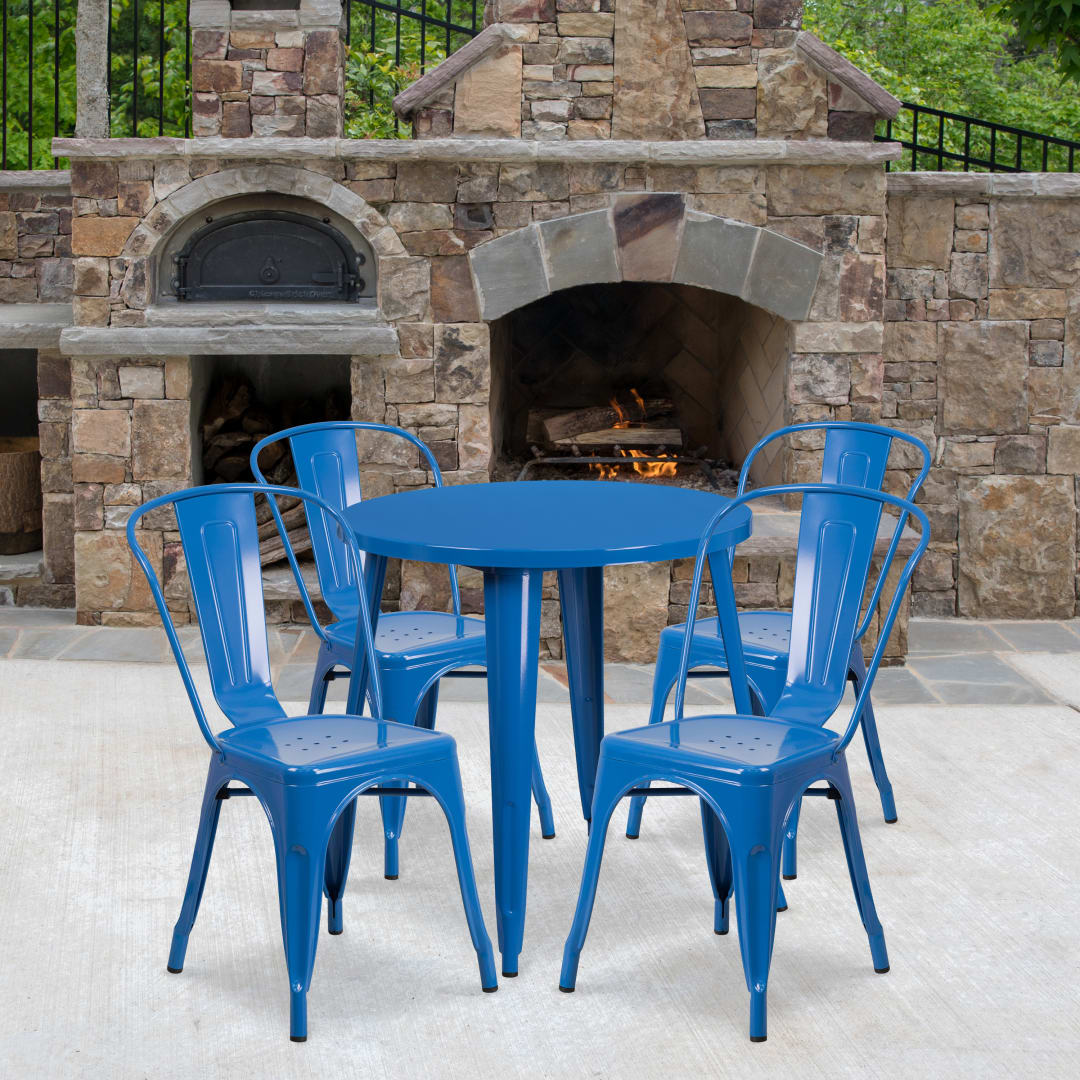 Dalton Commercial Grade 30" Round Blue Metal Indoor-Outdoor Table Set with 4 Cafe Chairs