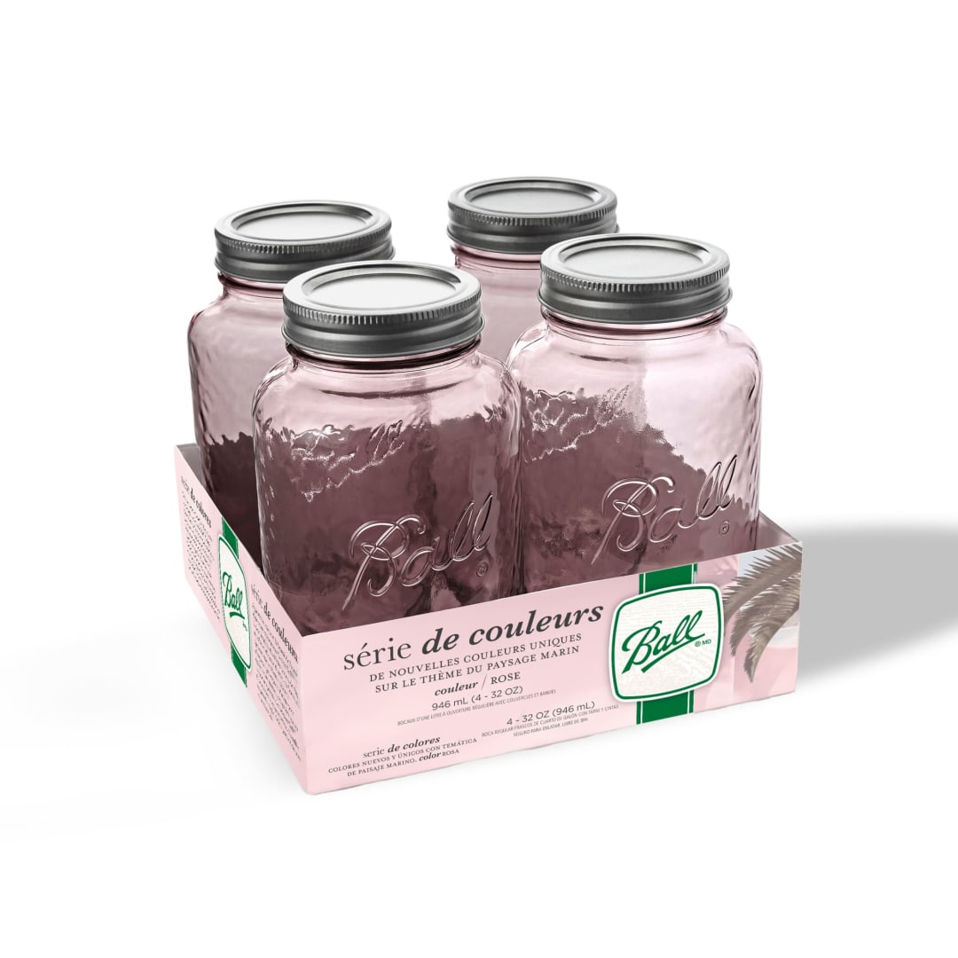 Ball 1 L Glass Regular Mouth Mason Jar with Lid and Band, Rose, Pink Canning Jars, Dishwasher-Safe, 4 Pack