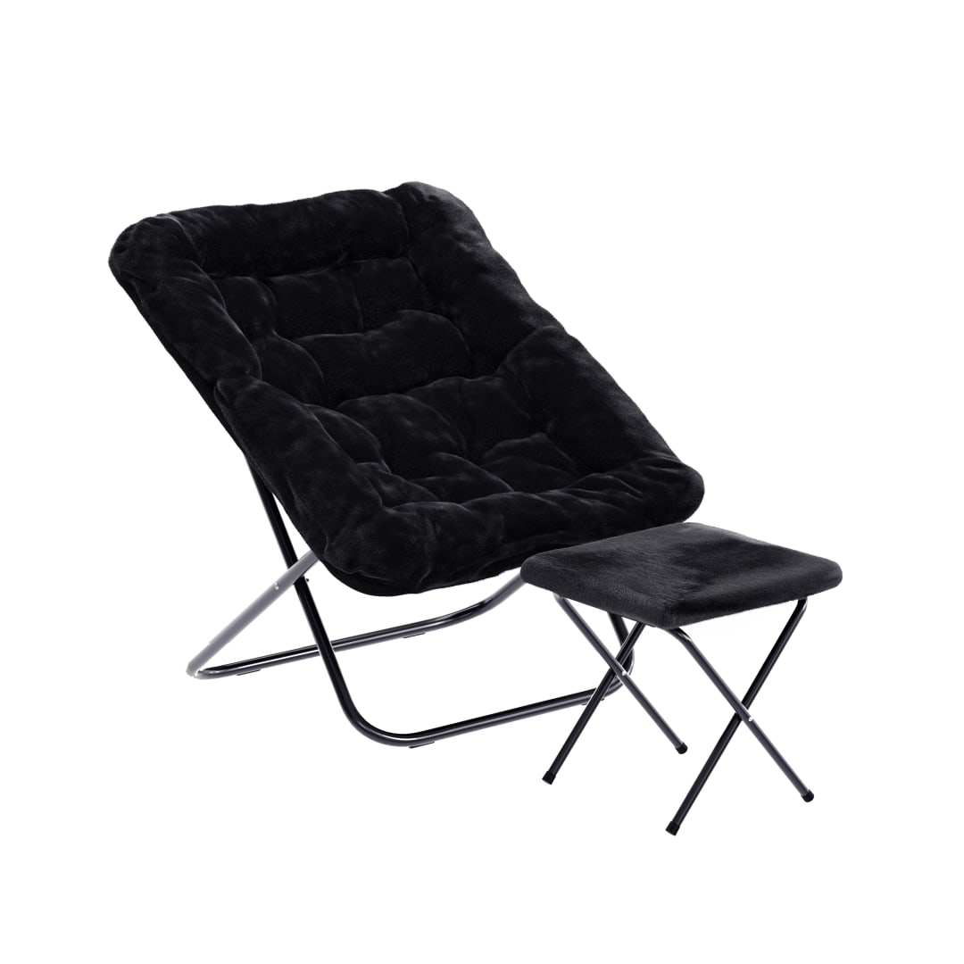 Archer 28" Oversized Portable Faux Fur Folding Saucer Chair with Folding Ottoman for Dorm, Bedroom, Black Faux Fur/Black Frame