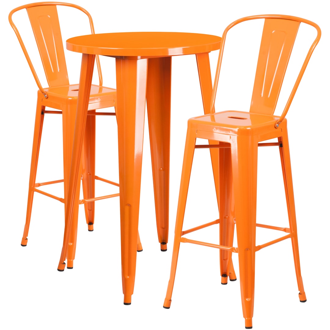 Nichols Commercial Grade 24" Round Orange Metal Indoor-Outdoor Bar Table Set with 2 Cafe Stools