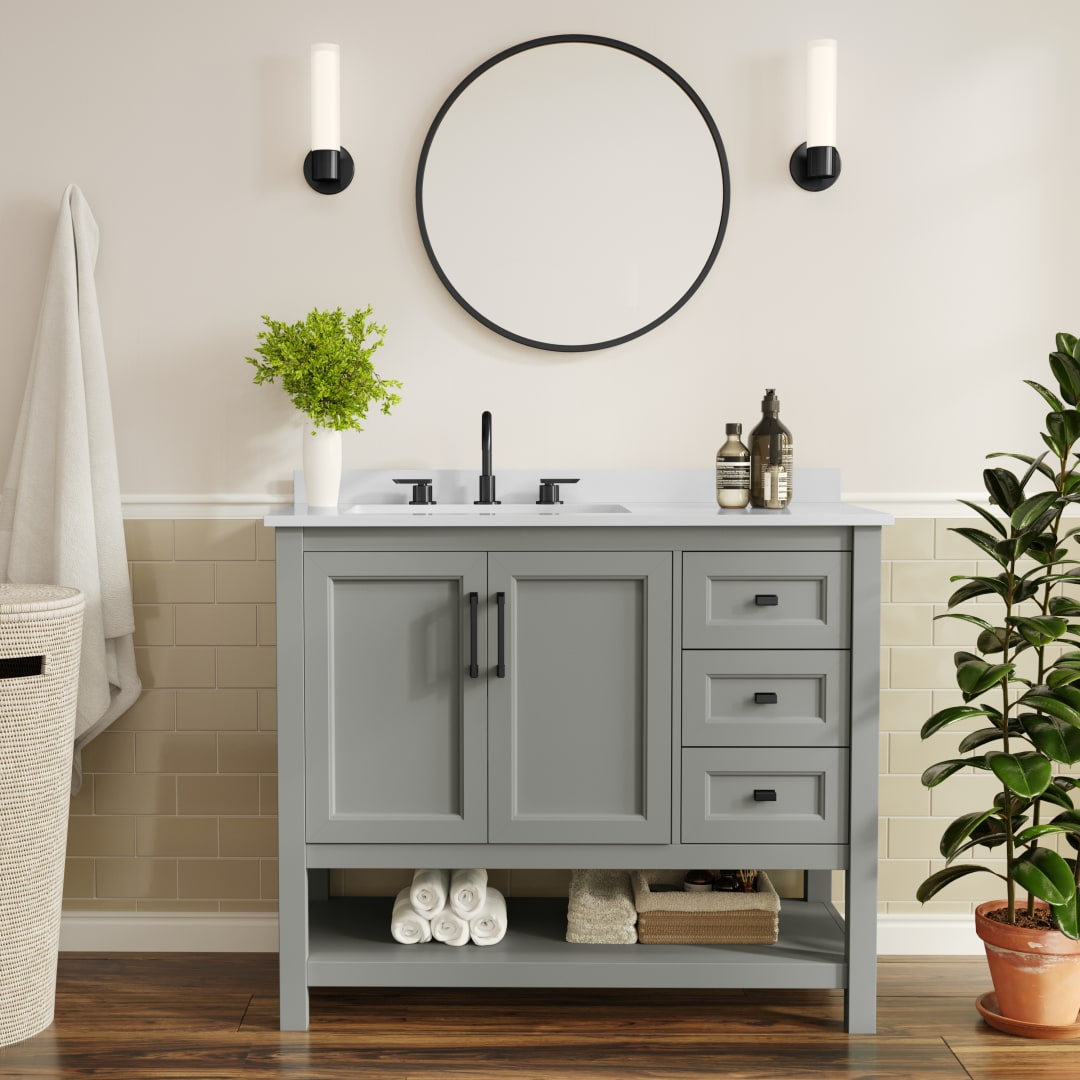 Vega 42" Bathroom Vanity with Sink, Cabinet with Black Hardware, Soft Close Doors, Open Shelf &amp; 3 Drawers, Carrara Marble Finish Counter, Gray/White