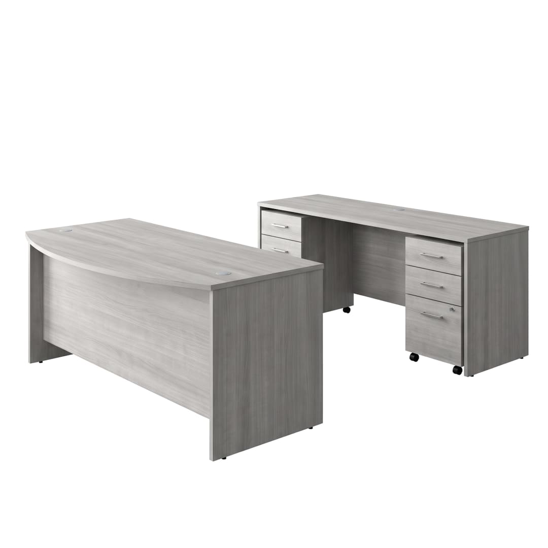 Cornerstone 71"W Executive Bow Front Desk with Credenza and Dual 3-Drawer Mobile Pedestals, Slate Gray